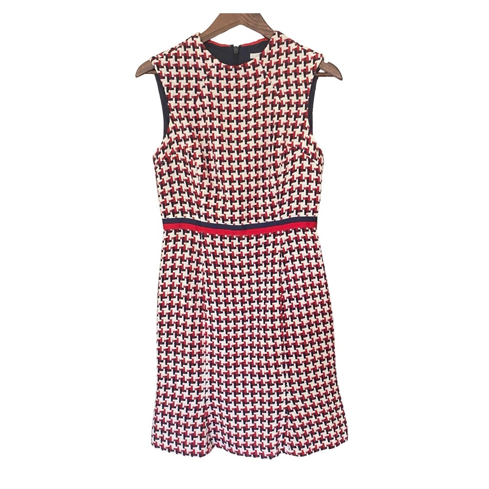 Boden Ayla Houndstooth Women Sheath Dress 6R Red White Blue Textured Tweed